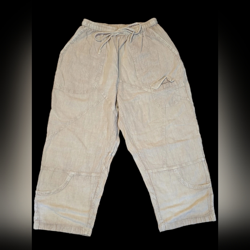 Sacred Threads Women's Beige Cotton Wide Leg Cropped Pants Boho Size S